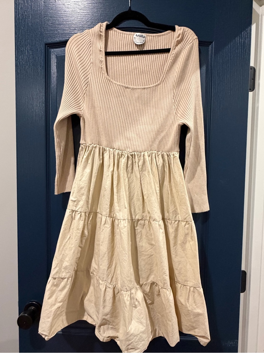 ARULA Beige Cream Ribbed Top Tiered Dress
